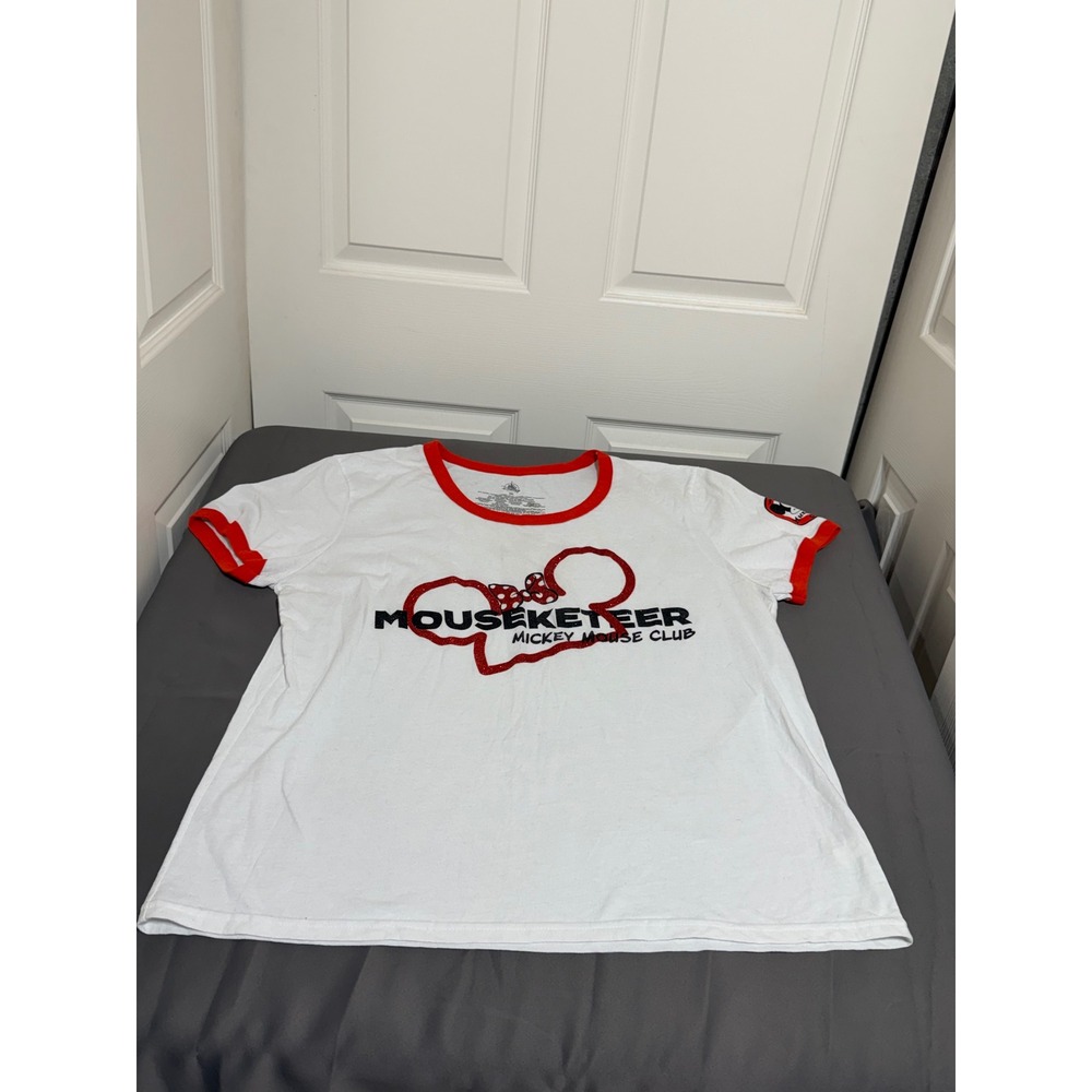 Disney Mickey Mouse Club Mouseketeer Ringer T-Shirt White Red 3XL Glitter Logo
